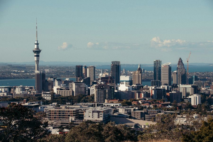 Auckland skyline at sunset from Maungawhau Mount Eden