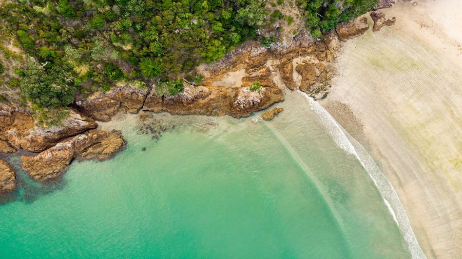 Aerial view of a turquoise cove on Waiheke Island